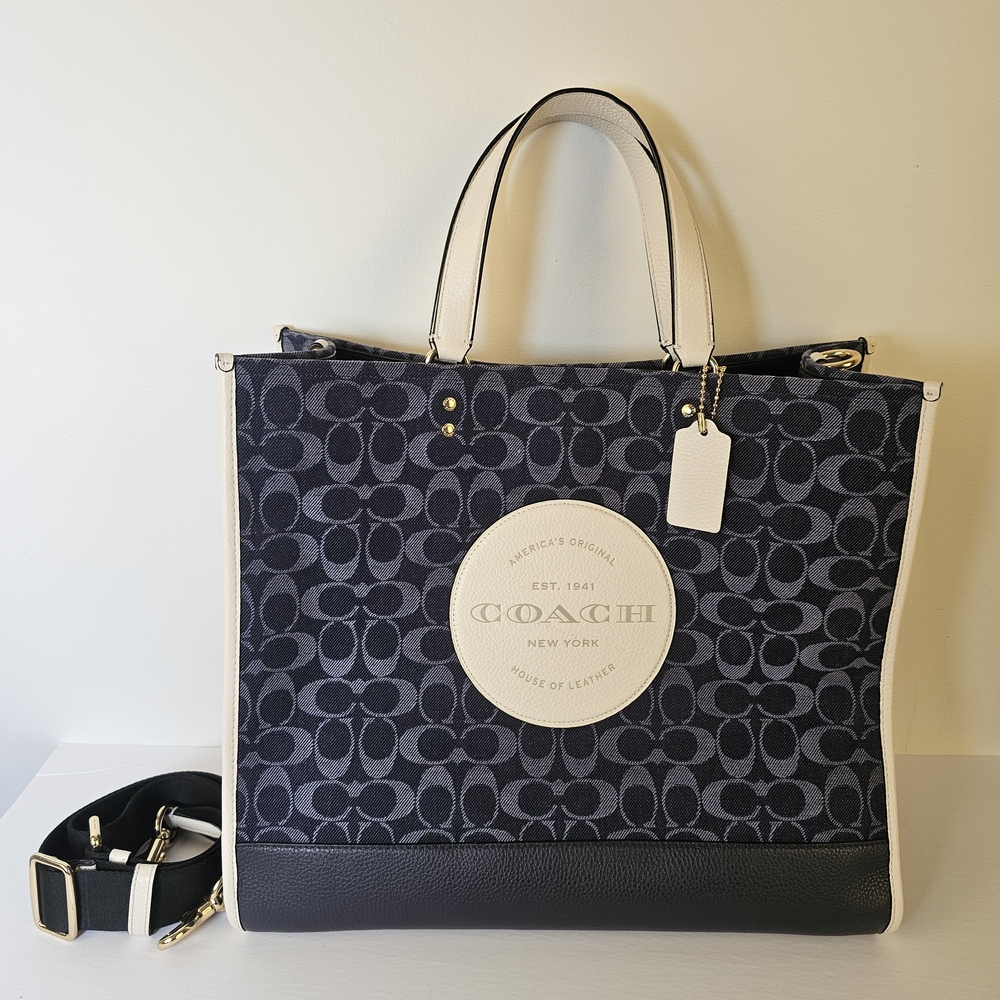 Coach Dempsey Navy and Cream Signature Jacquard and Leather Tote Bag